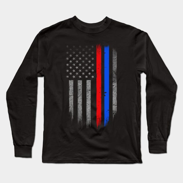 Thin Red Blue Line American Flag - Firefighter - Police Officer Long Sleeve T-Shirt by bluelinemotivation